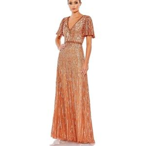 MAC DUGGAL Copper embelished V-neck butterfly sleeve column dress 20 NWT